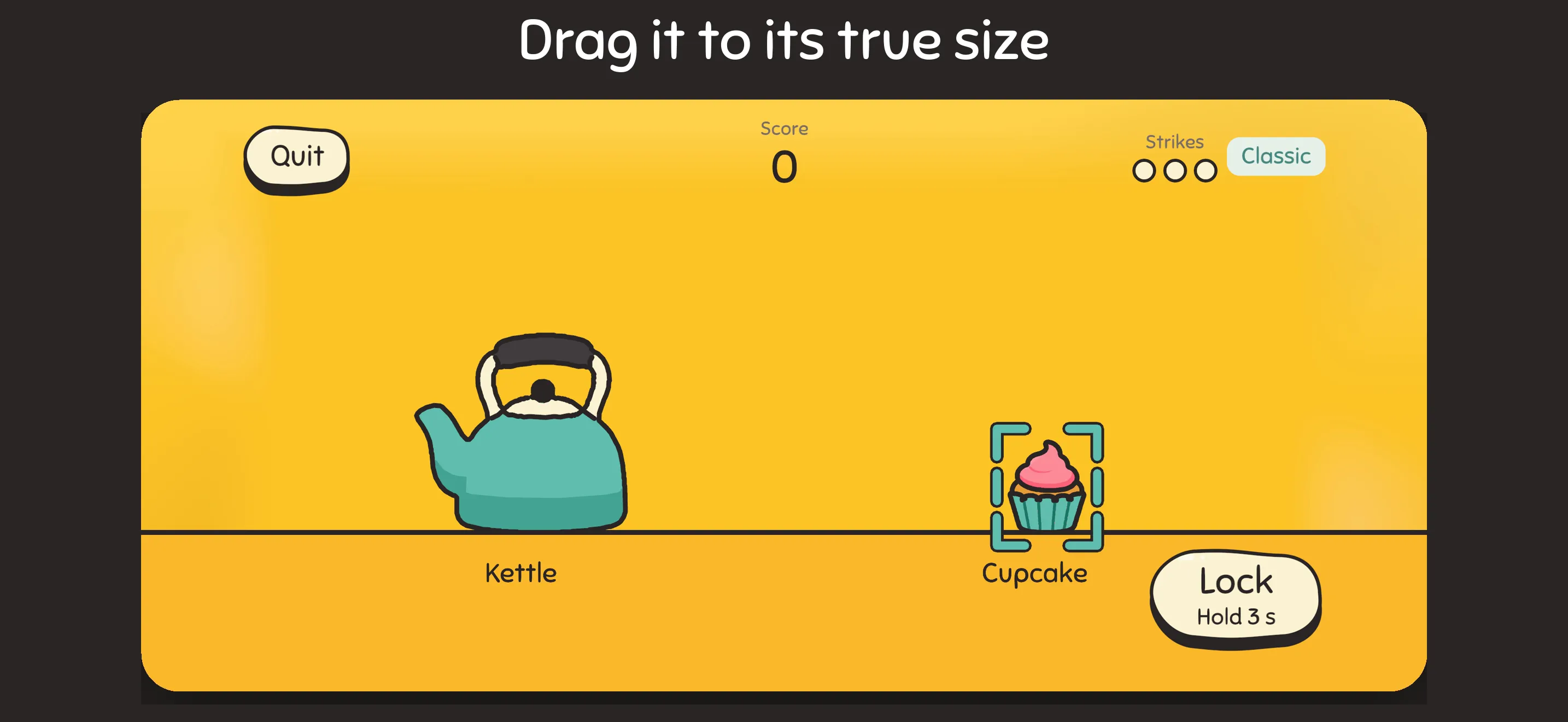 Re:size Classic mode: resize a cupcake to its true size next to a kettle.