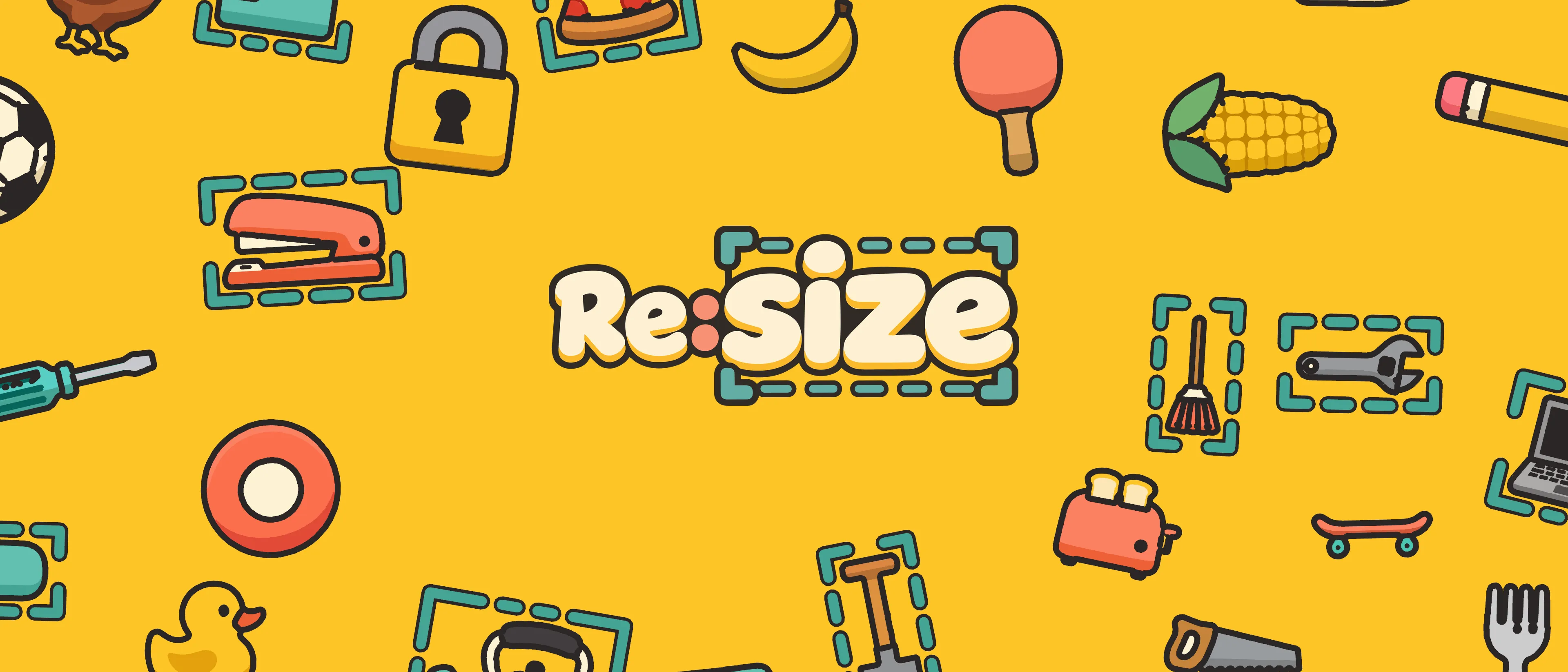 Re:size artwork with everyday objects and teal sizing frames around the game logo.